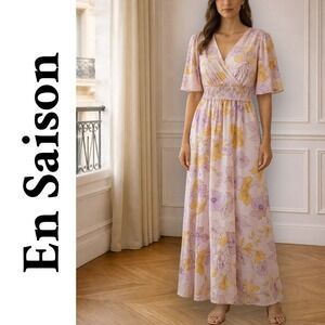 En Saison, Floral Maxi Dress Smocked Waist Flutter Sleeve Pink Purple Size Large